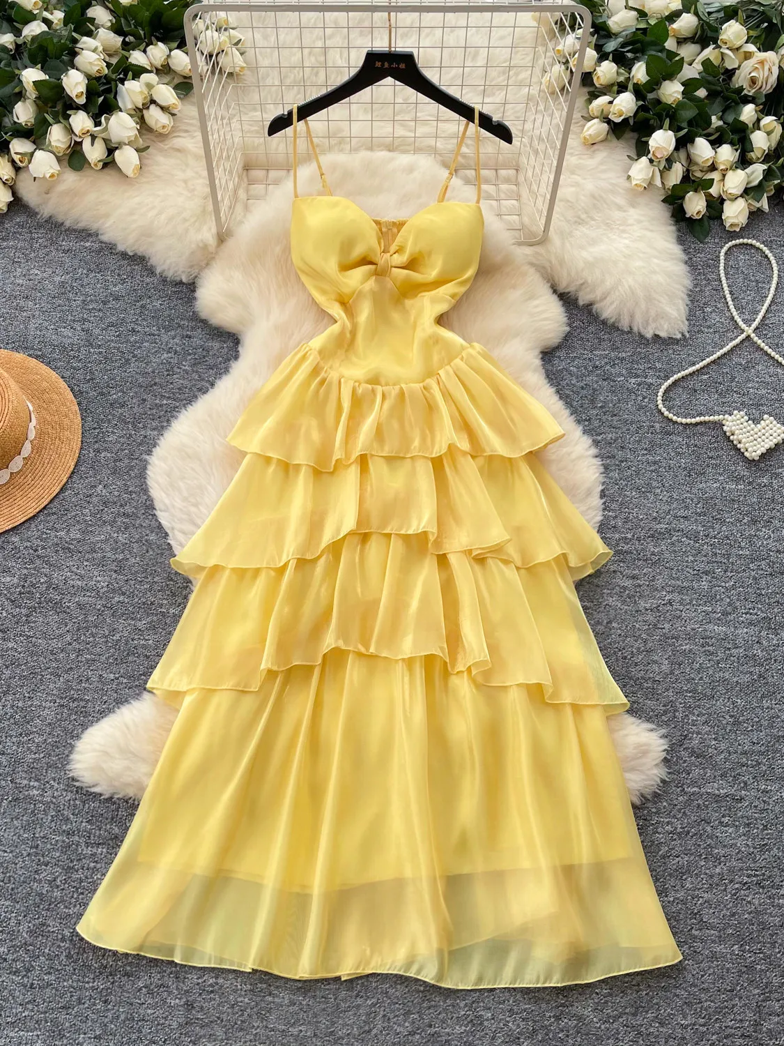 

French Vacation Style Yellow Camisole Dress Women Summer Ruffled Cake Dress High Waist Elegant Temperament Chic Woman Dress