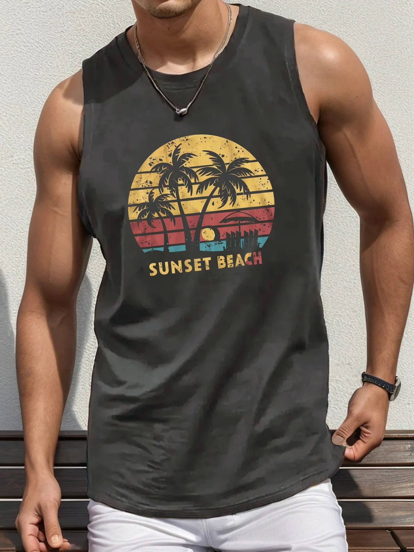 Men's Summer Fashion Casual Sports Loose Coconut Tree Sunset Pattern Print Comfortable and Breathable Round Neck Sleeveless Vest