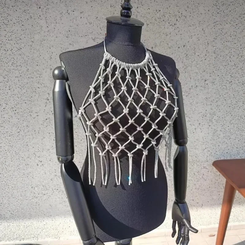 

Glitter Lace Up Halter Backless Hand Crochet Tassel Sequins Silk Tank Crop Tops Women Sexy See Through Bohemian Beach Cover Ups