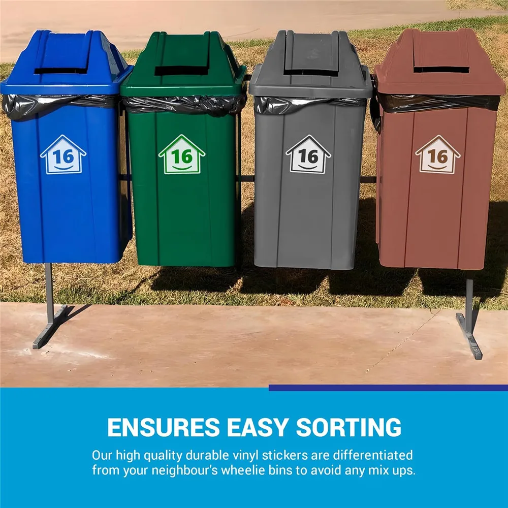 4 x Bin Numbers for Wheelie Bins 15cm‘Happy House' Colour Design Dustbin Stickers Weatherproof Self Adhesive Vinyl