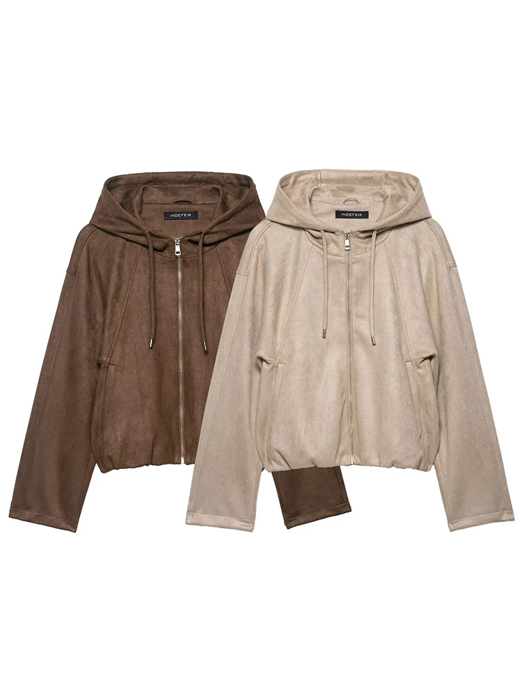 

HH Повседневная женская куртка-бомбер из искусственной замши с капюшоном, осень 202, свободное облегающее короткое пальто на молнии с длинными рукавами, 2025 шикарная женская уличная одежда