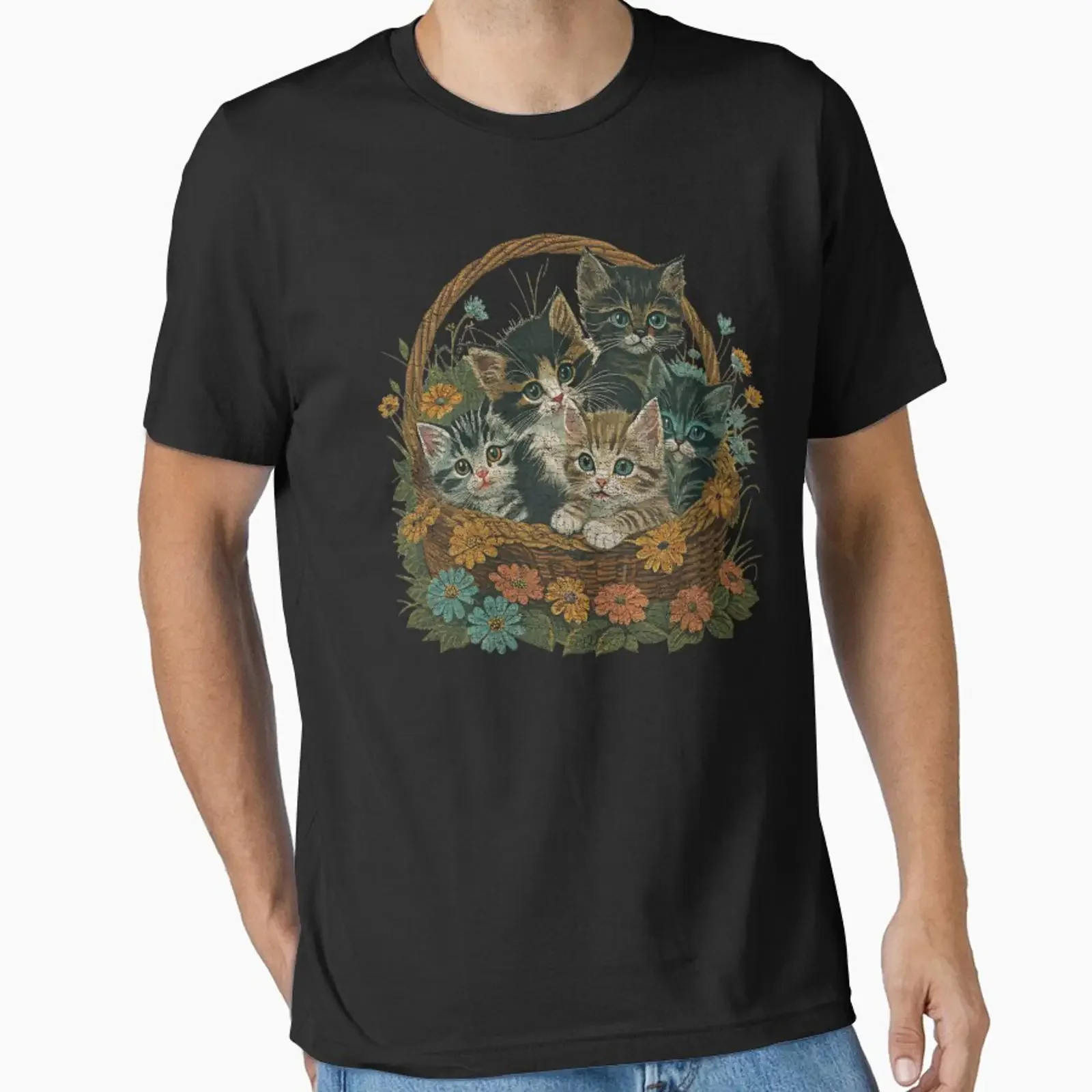 Vintage 90s Cottagecore Kittens in Wicker Basket Floral T Shirt Cute Retro Cat Lover Casual vintage Washed graphic