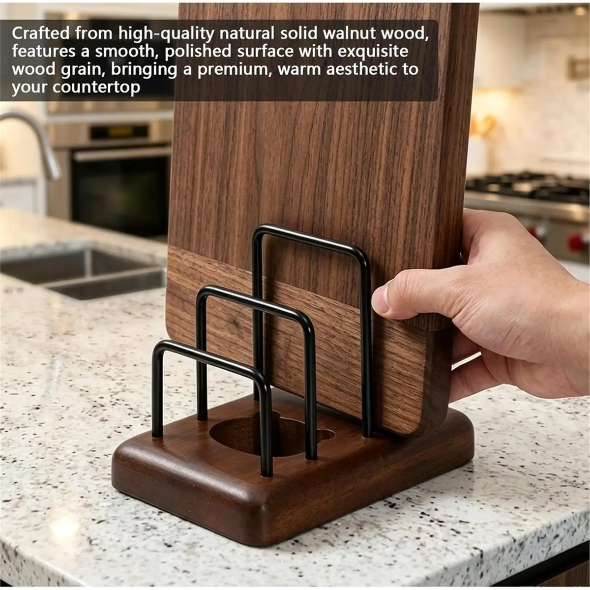 Chopping Board Rack with Walnut Base - 3 Slot Stand, Baking Trays Pans Plates Cabinet Storage Divider Accessory for Home