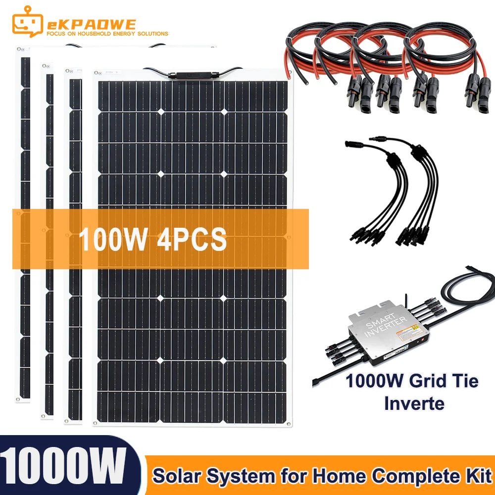 1000W Flexible Solar Panels 12V 24V Solar System For Home Complete Kit With 220v MPPT Solar PV Grid Tie  Inverter