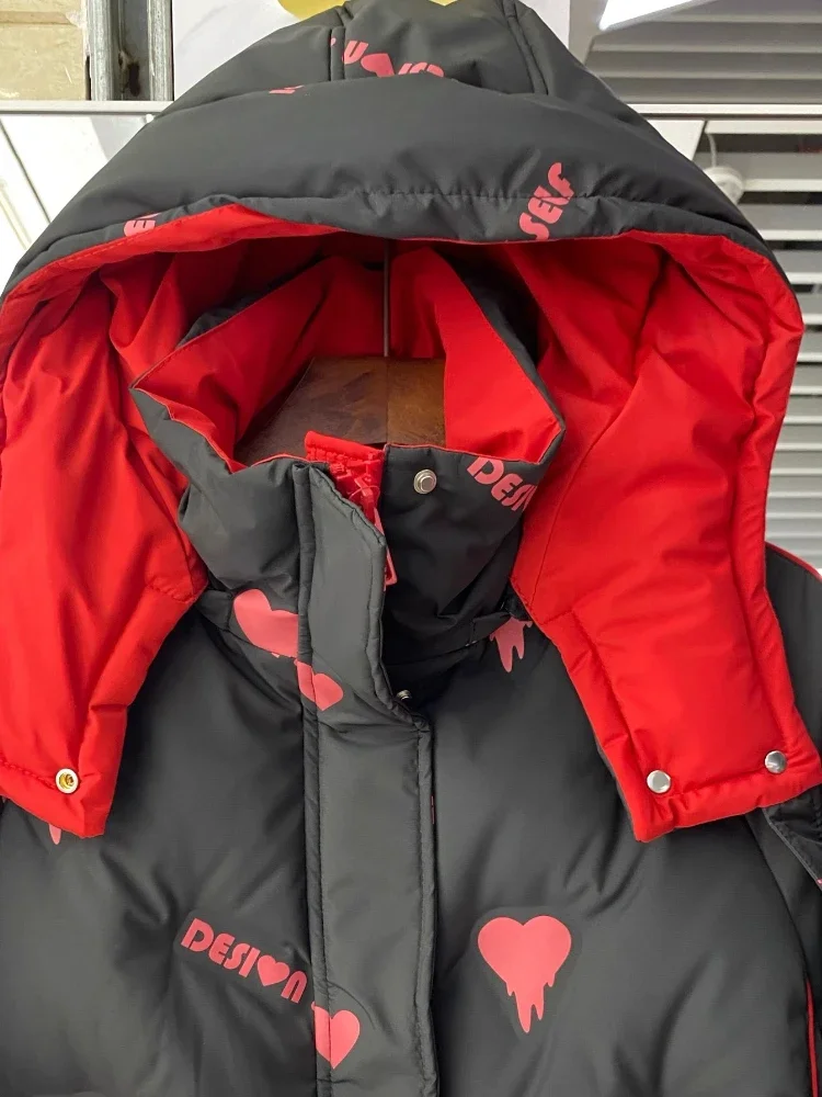 Rood Hart Bedrukt Donsjack Los Oversized Kort Broodpak Winter Hoge Kwaliteit Capuchon Dikke Warme Witte Eend Puffer Jas Vrouwen