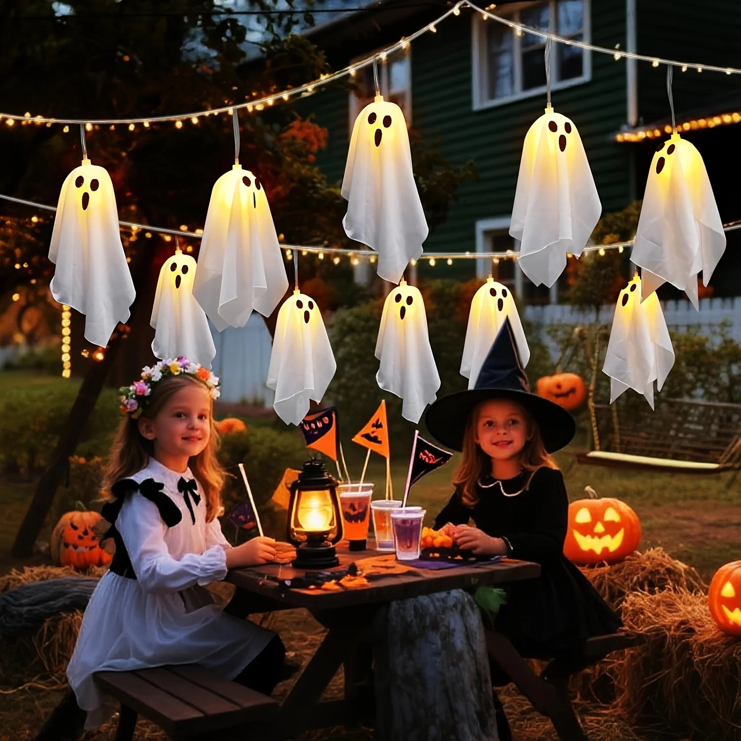 

Halloween Hanging Fabric Ghost LED String Lights, Glowing Ghost Fairy Lights for Fireplace Home Party Halloween Decoration