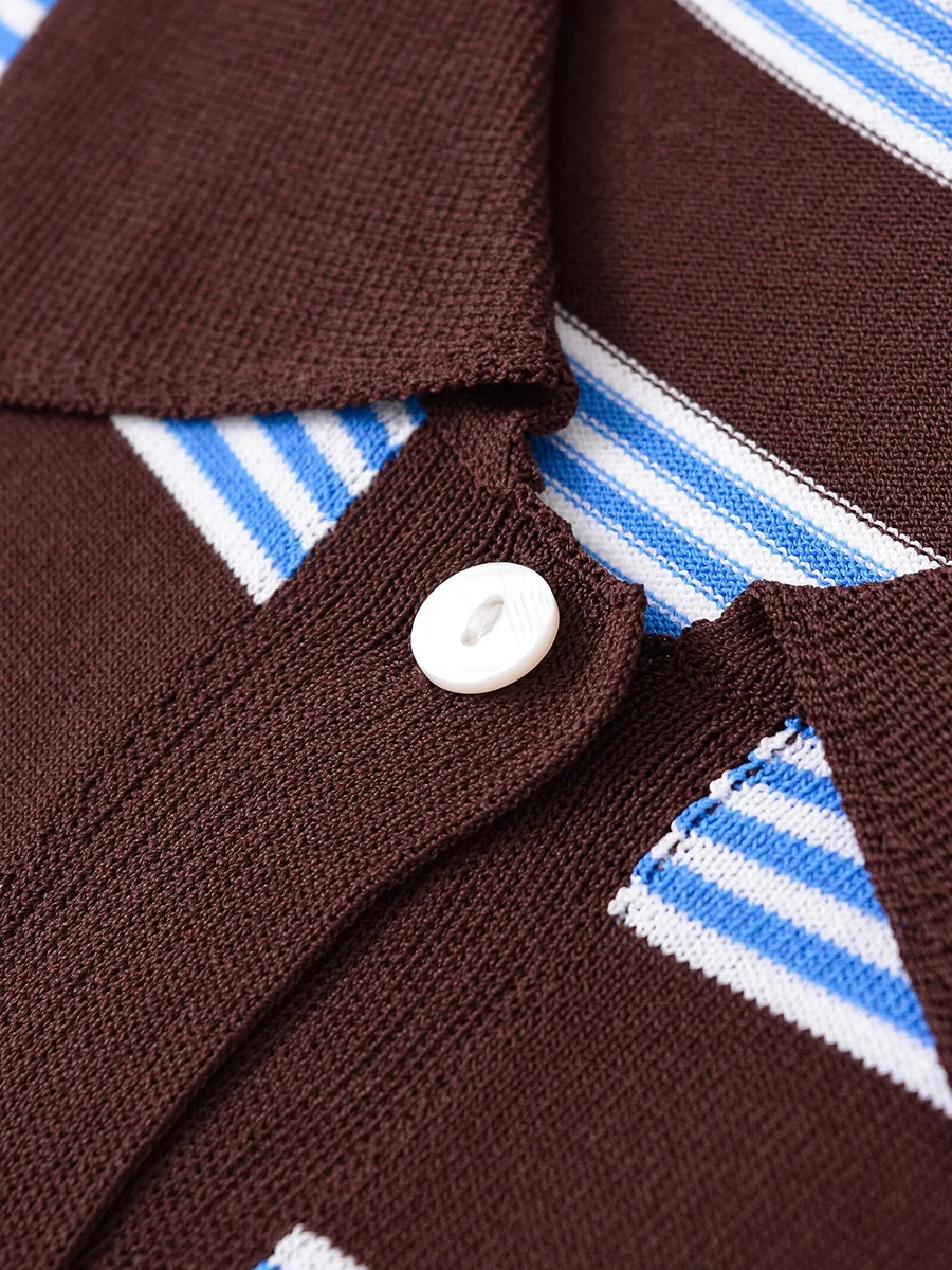 Gestreiftes gestricktes, schlankes Kurzarm-T-Shirt für Damen, Umlegekragen, einreihiges T-Shirt, Sommer, Vintage, lässige Strickjacke, Top-T-Shirts