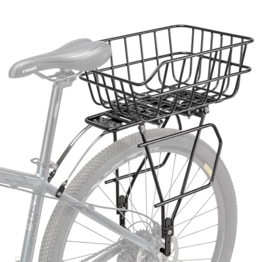 

Rear Bike Rack with Basket for touring - aluminum, black, fits 26-29 and 700c wheels, compatible with disc and non-disc brake m
