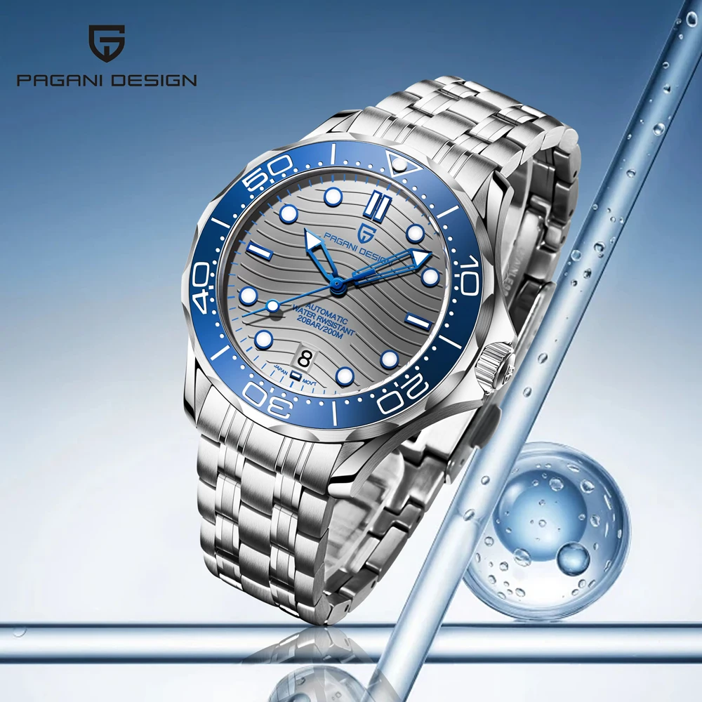 PAGANI DESIGN Men's Watch Wave Luxury Mechanical Watch For Men 200m Diving Sapphire Glass Sports Stainless Steel Automatic Watch