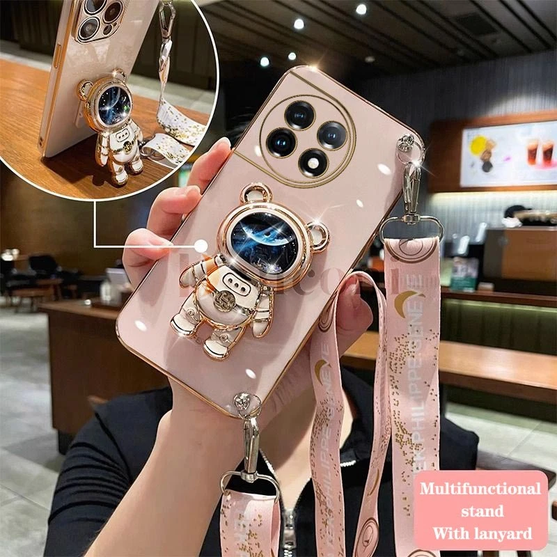 Quicksand Astronaut Lanyard Plating Phone Holder Case For Oneplus 11 11R 9 9R 9RT 10R 10T 10 Pro 8T Cover