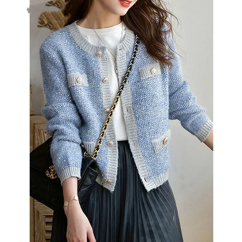 Boreathiman 2024 Pink Blue White Knitted Cardigan Sweater Women O-neck Long Sleeve Knitted Sweater Autumn Winter Coat Clothes