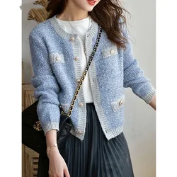 Boreathiman 2024 Pink Blue White Knitted Cardigan Sweater Women O-neck Long Sleeve Knitted Sweater Autumn Winter Coat Clothes