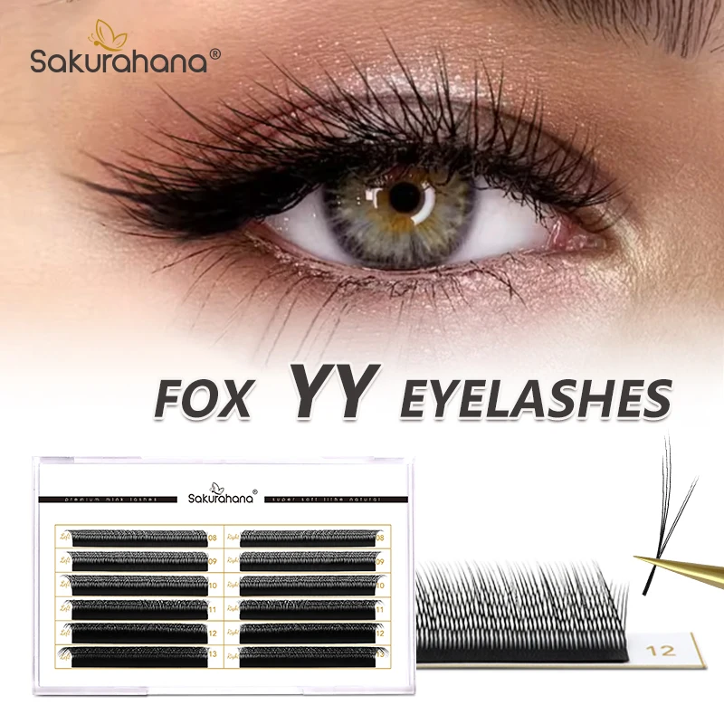 SAKURAHANA Fox Y Shaped YY Premade Fans Eyelashes 0.07mm Faux Mink Left & Right Split Individual Lashes Soft Natural Volume Lash