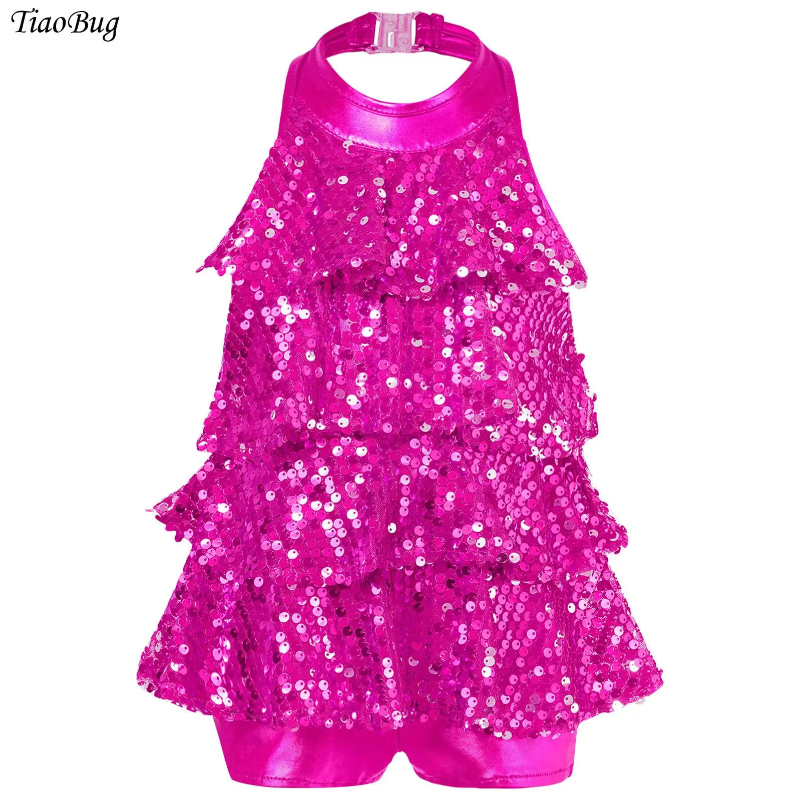 

Kids Girls Ballet Dance Dress Shiny Sequins Halter Shorty Unitard Modern Jazz Latin Dancewear Gymnastics Performance Costumes