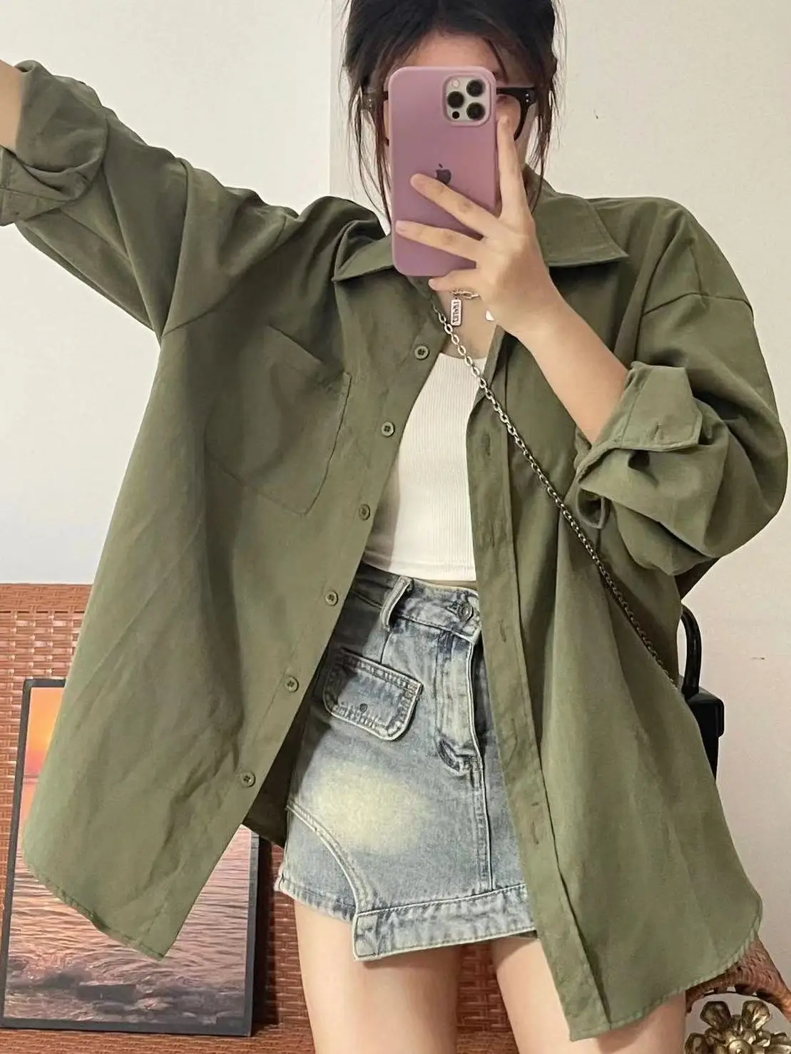 New Summer Retro Military Green Pure Cotton Shirt for Women's Hong Kong Style Top Loose Versatile Shirt Sunscreen Cardigan