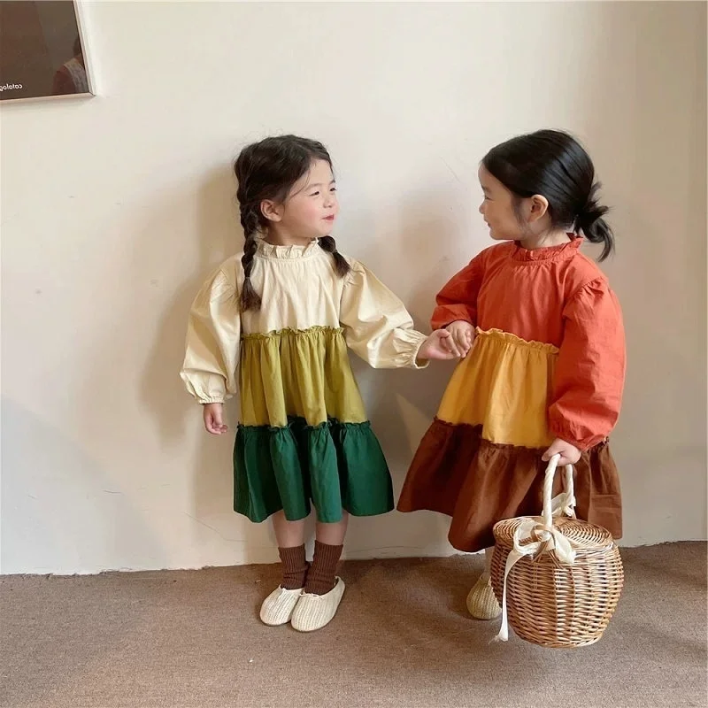 

Girl's Spring-autumn Color-block Long-sleeve Dress 2026 New Collection Fashionable Cute Baby Girl Casual Children's Clothing