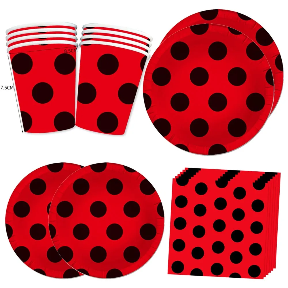 Ladybug Theme Disposable Tableware Kids Birthday Party Decoration Red Black Polka Dots Paper Plates Napkins Cups Party Supplies