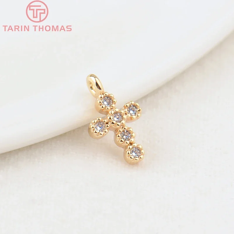 (201)4PCS 6x10MM Hole 1MM 24K Gold Color Brass with Zircon Cross Charms Pendants High Quality DIY Jewelry Making Findings