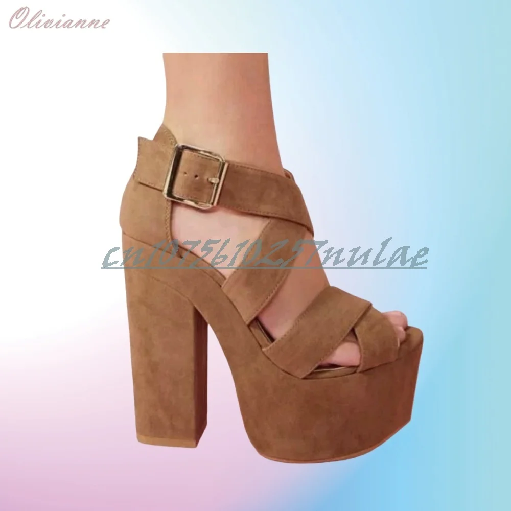 

Brown Retro Suede Cross Tied Hollow Sandals Platform Chunky High Heel Elegant Fashion Party Women Shoes 2025 Summer Para Mujere