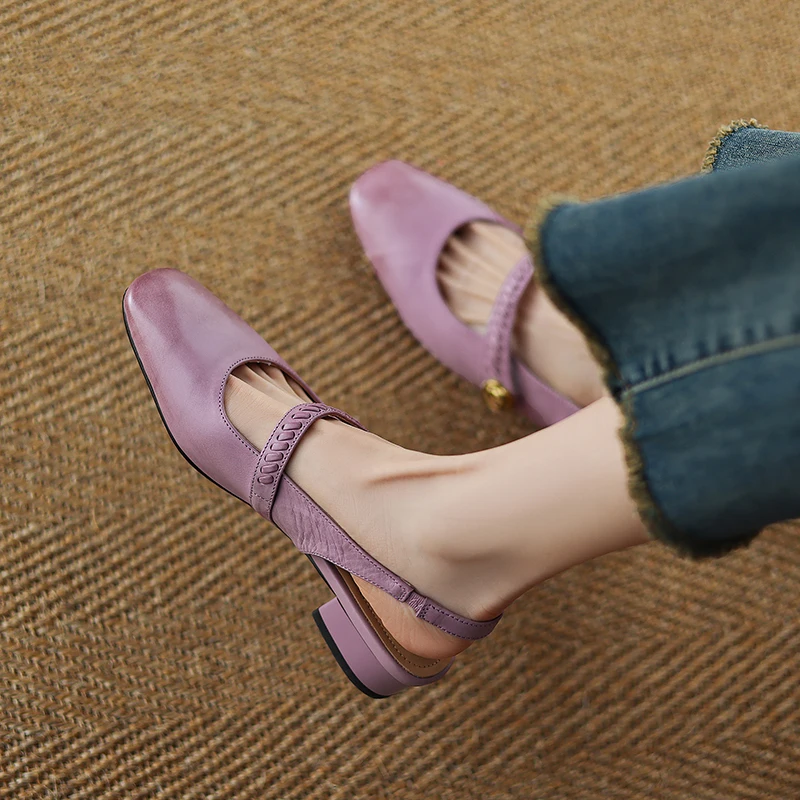 2026 Summer New Women Sandals Genuine Leather Women Shoes Cover Toe Slingback Shoes Square Toe Med Heel Concise Designer Sandals