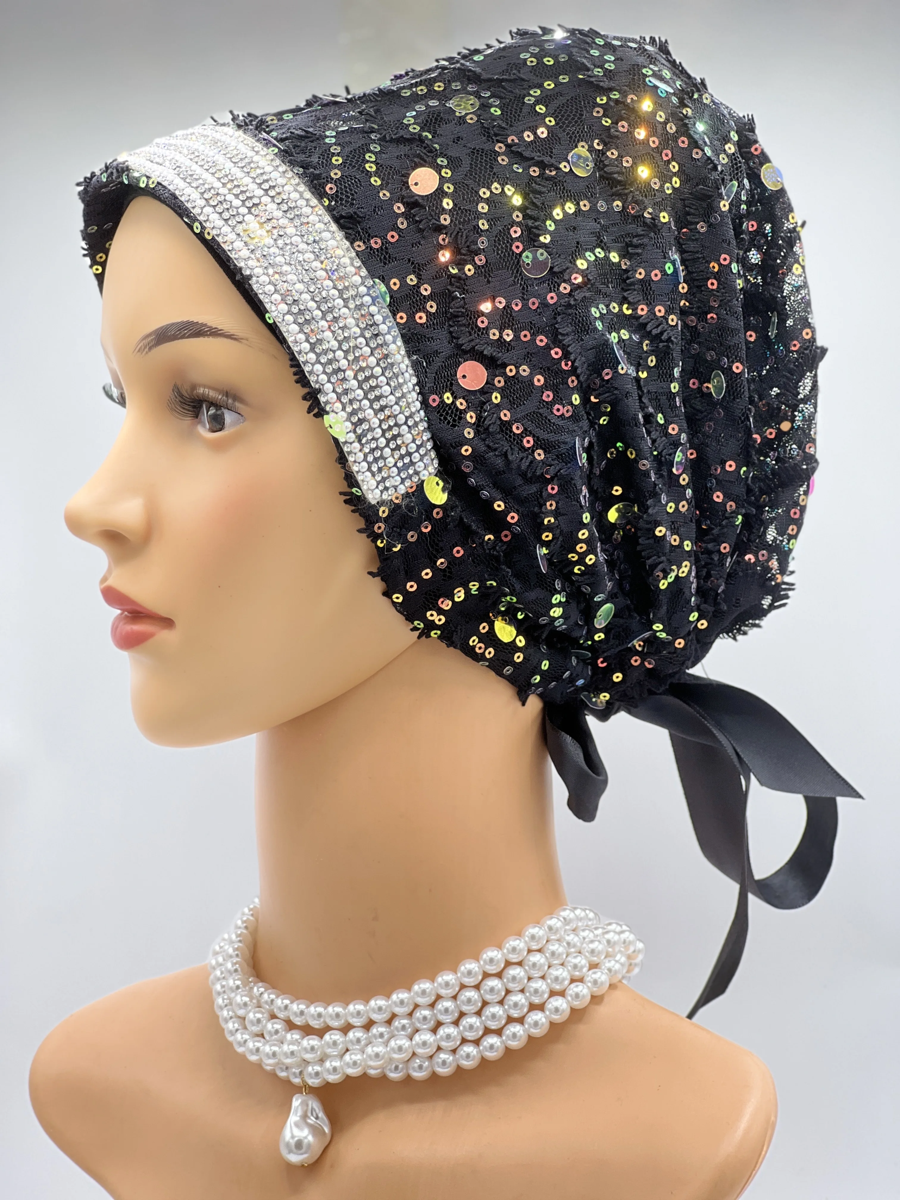 มุสลิม Shiny Sequin Headband หมวก Turban สติกเกอร์เจาะ Turban ปรับลูกไม้ขึ้นผู้หญิงหมวกตุรกีทุกวันสวมใส่บูชาหมวก