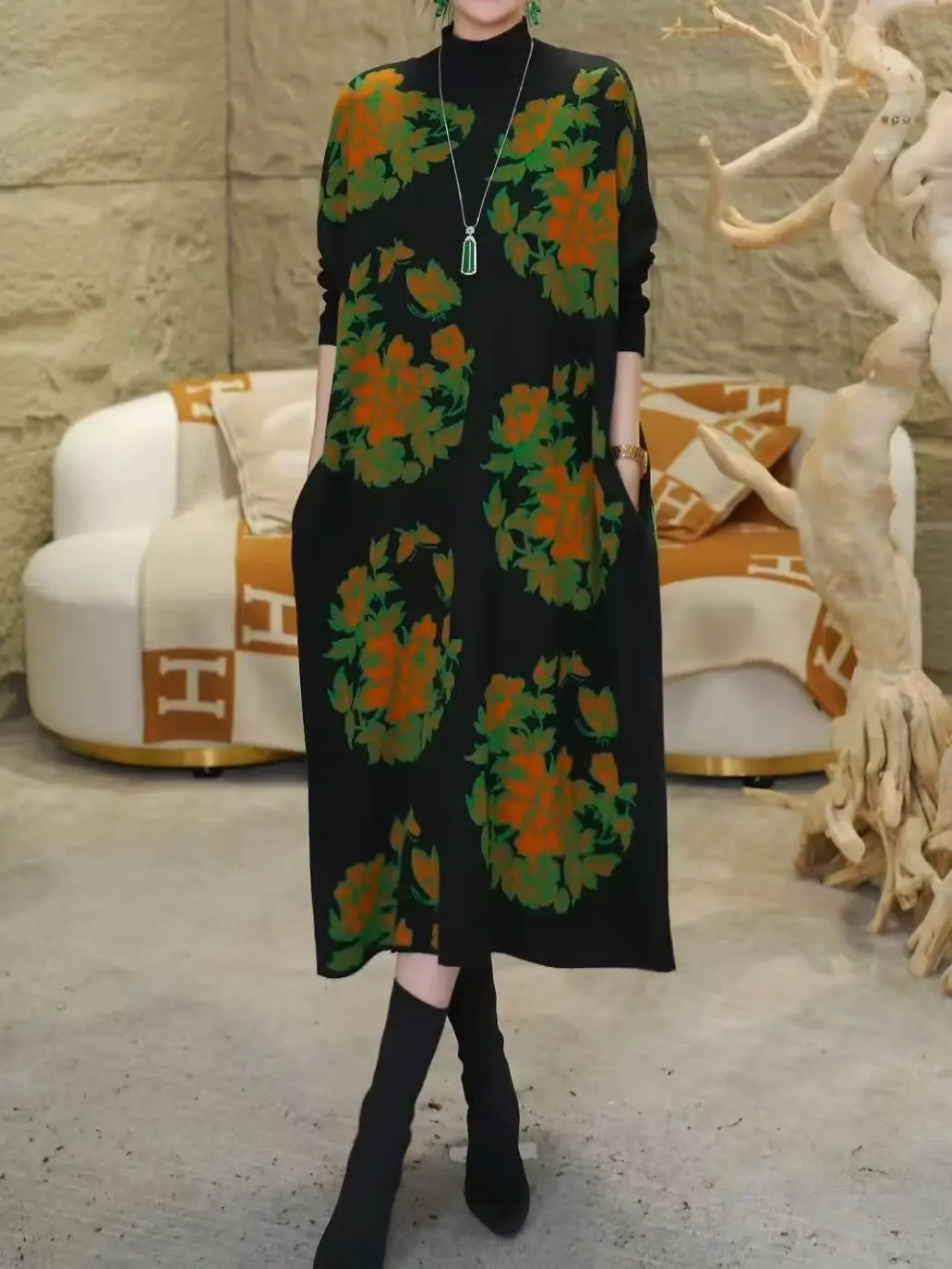 

2025 корейские элегантные повседневные свитера, осенние вязаные женские пуловеры с длинными рукавами и цветочным принтом, зимние толстые теплые платья-свитера