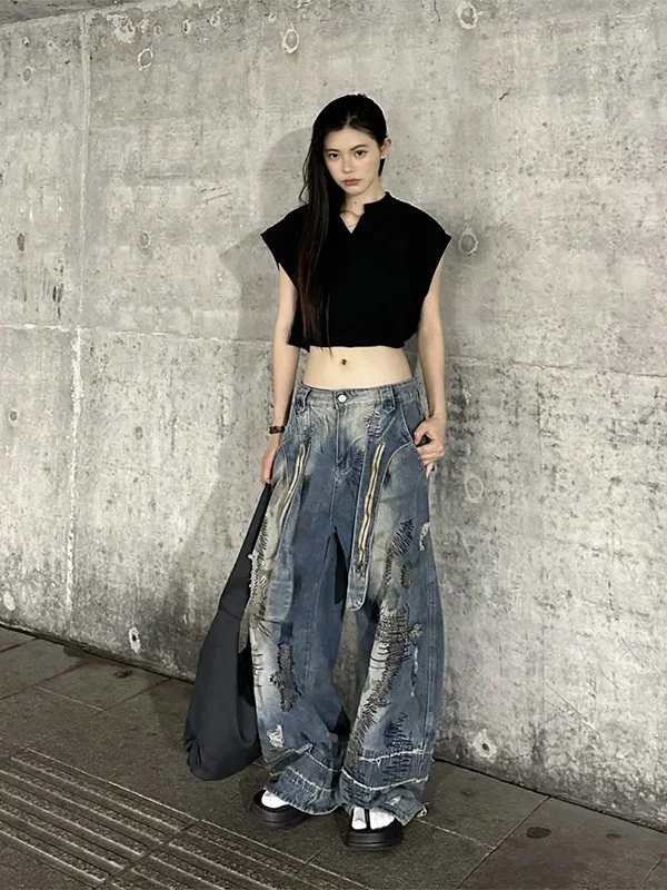 

Мужские джинсы American High Street Sle с тяжелой вышивкой, свободные прямые брюки в стиле Desert Wind, винтажные, с широкими штанинами