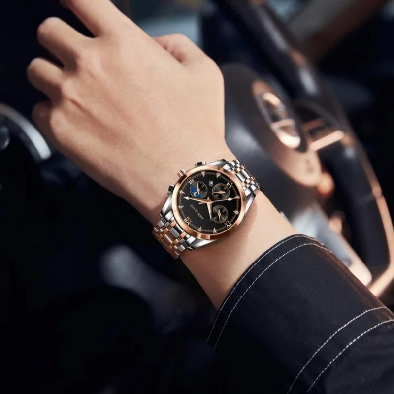 ساعة كوارتز للرجال من Abbylun بقرص أرقام روماني ، ساعة يد للأعمال ، مرحلة القمر ، التاريخ ، جلد مقاوم للماء ،