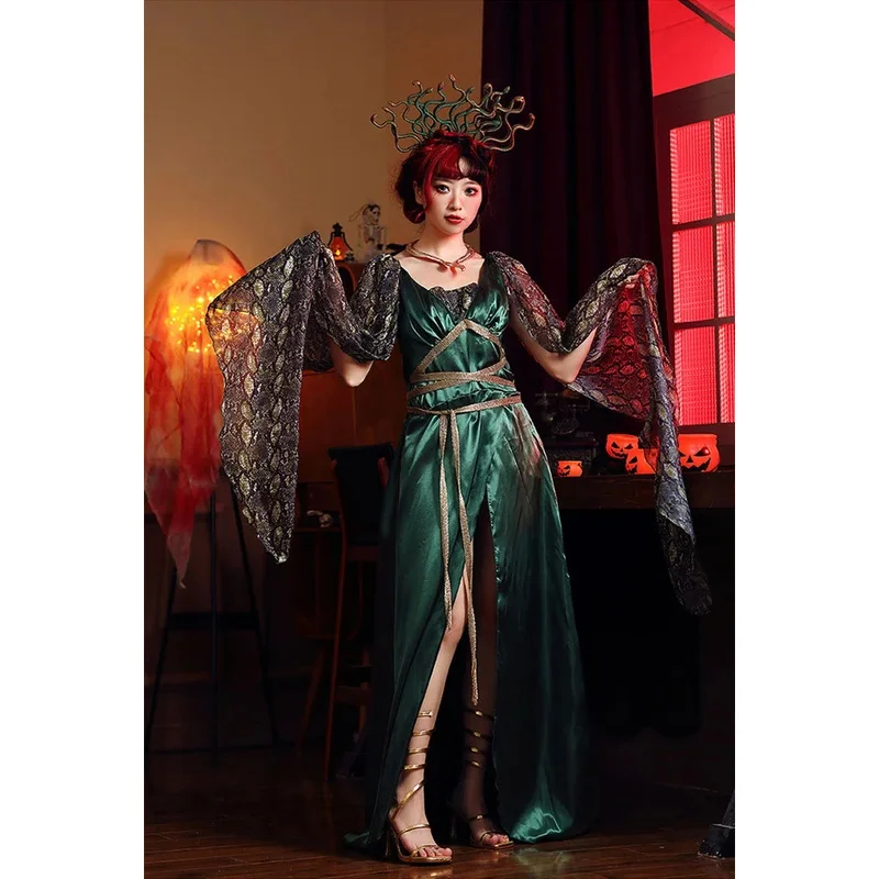 Halloween antiguo mito griego Medusa serpiente Cosplay disfraz de Anime para mujeres adulto vestido Sexy traje serpiente sirena bruja disfraz vestido