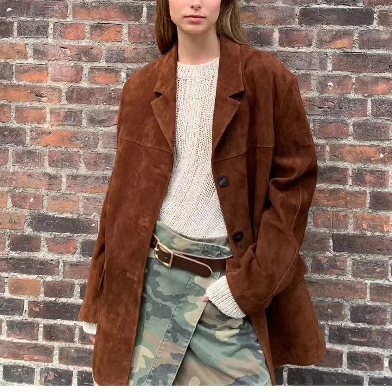 

Vintage Brown Kid Suede Jacket for Women High Sense Loose Oversized Leather Suit Blazer Female Casual Coat Streetwear 2024 New