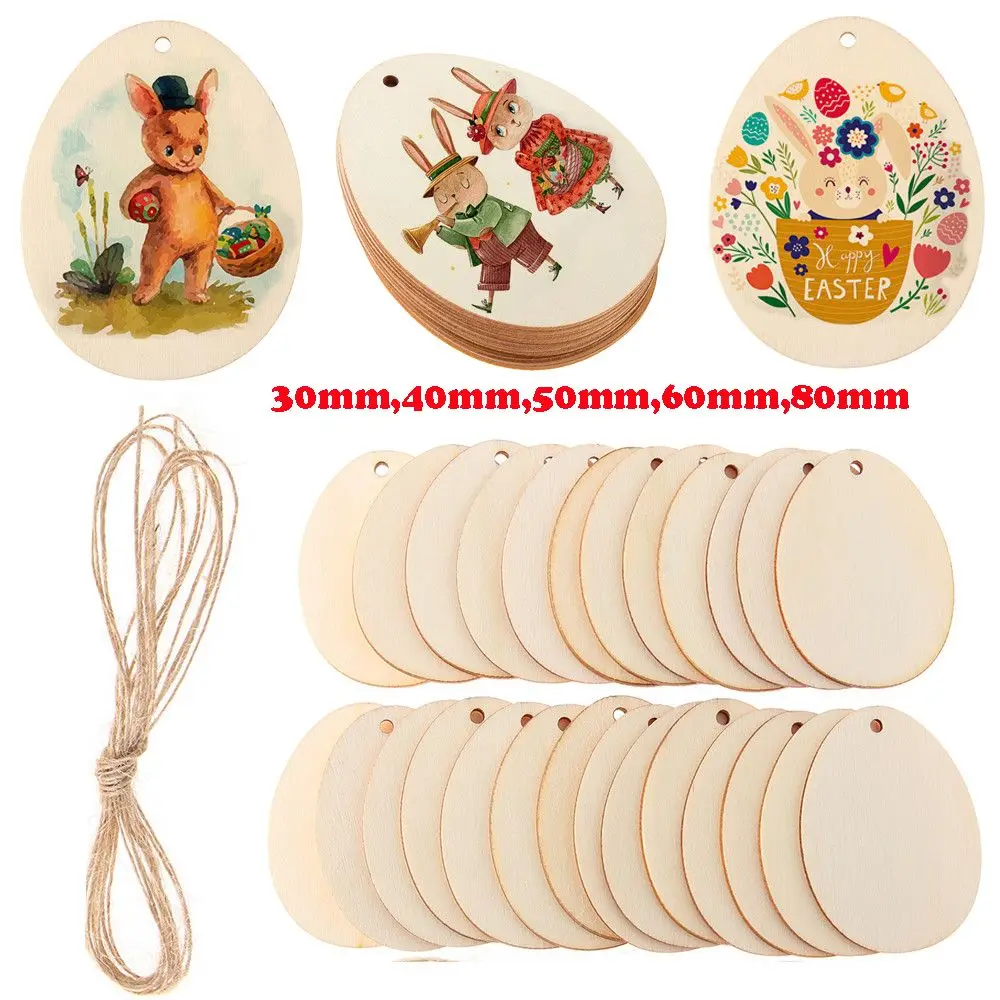 10/25/50Pcs Easter Egg Shape Wood Slices DIY Graffiti Painting Hanging Pendants Handcraft Wooden Ornament Easter Home Decor