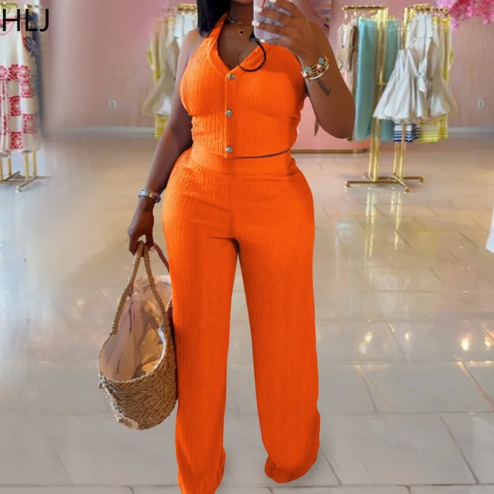 

HLJ Casual Ribbing Bodycon 2 Piece Sets Woman Outfit Solid Color Halter Sleeveless Backless Crop Top and Pants Female Streetwear