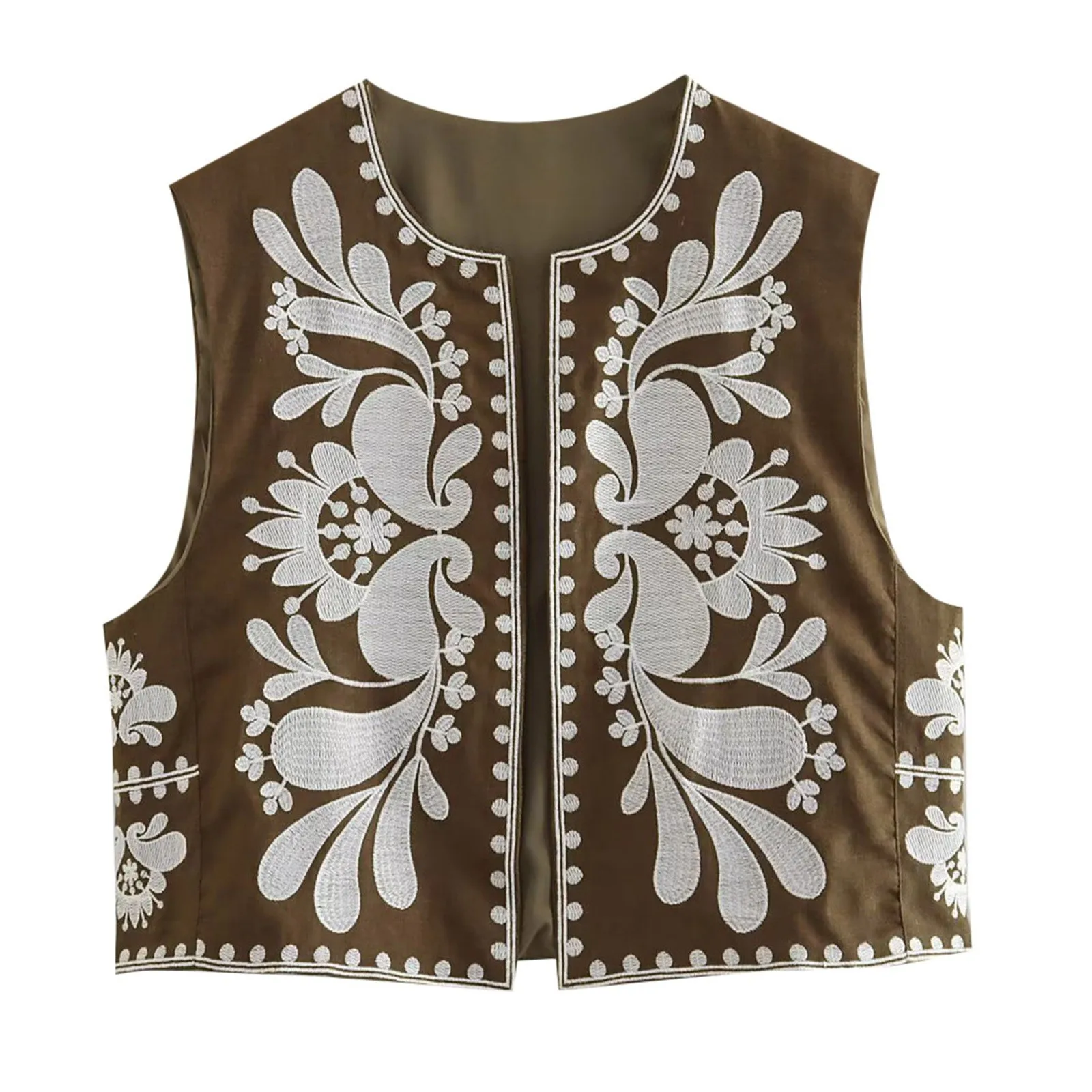 Women Floral Embroidered Vest French Fashion Vintage Cardigan Sleeveless V Neck Cotton Waistcoat Chic Casual Loose Outerwear Top