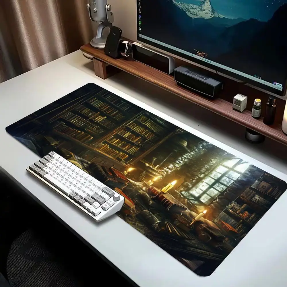Fantasy Ancient Library Gaming Mouse Pad Gothic Book Candle Desk Mat Non Slip Rubber Stitched Edge Keyboard Mat Office Decor