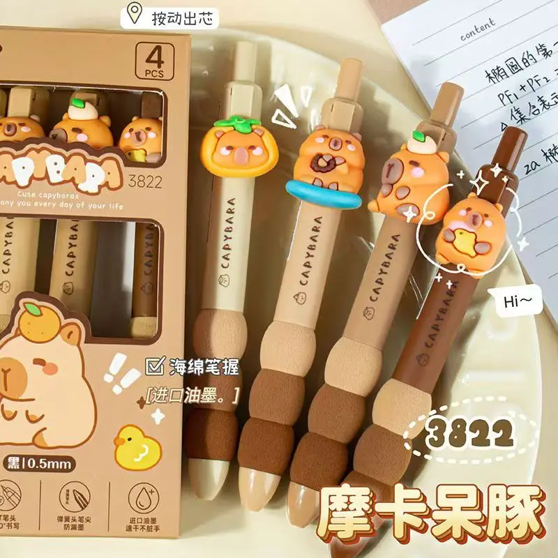 4Pcs/Set Capybara Soft Grip Press Type Neutral Pen Black Ink Gel  Quick Drying Ballpoint Pen Office Stationery Signature Pen
