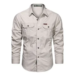 Camisas de manga larga para hombre, Camisa militar informal de 2023 algodón de alta calidad, ropa de marca a la moda, blusa negra, Primavera, 100%