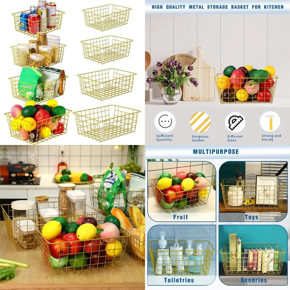 

Набор корзин из золотой проволоки для кладовой, кухни, гостиной, ванной комнаты и белья — разные размеры, металлические корзины для хранения с ручкой