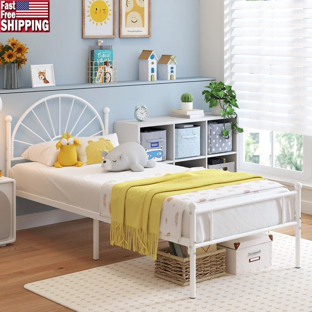 Twin Metal Bed Frame with Sun Curve Headboard Heavy Duty Steel Platform Kids Teens Under Bed Storage Easy Assembly