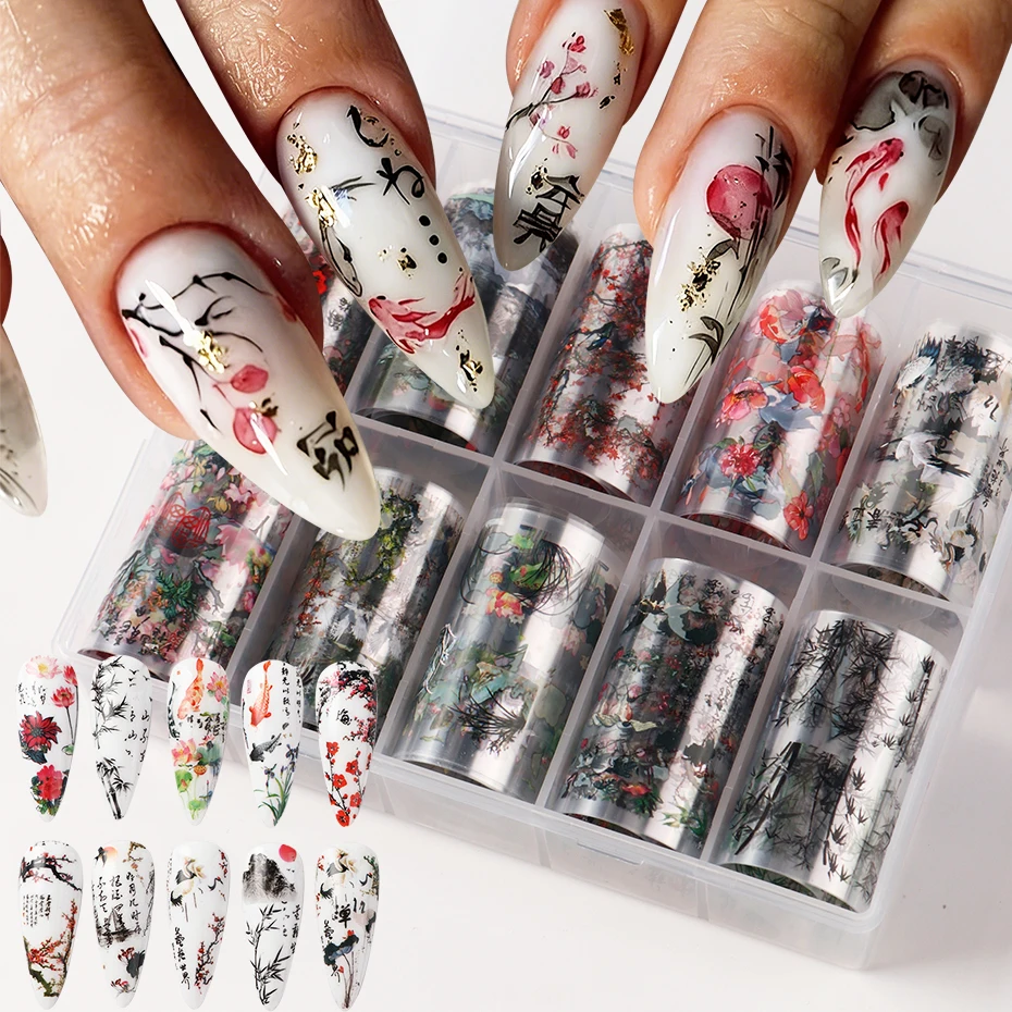 10 Rollen Nagelfolien-Transferaufkleber im chinesischen Tuschmalerei-Stil mit Bambus, Kranichen, Goldfischen, Pflaumenblüten und Lotus-Nageldekoration – Detail 1