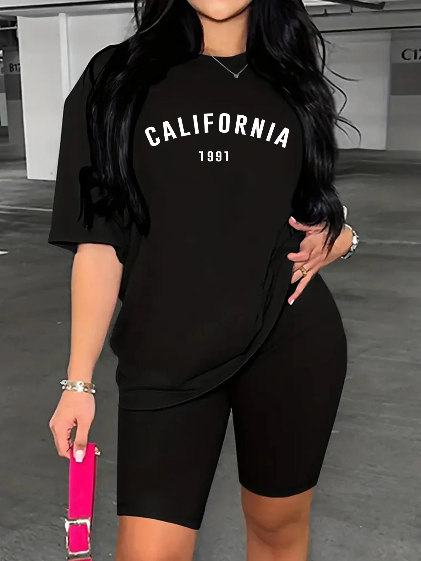 California Print Casual Two Piece Set, Drop Shoulder Short Sleeve T-shirt & Short Leggings Outfits, Women\'s Clothing