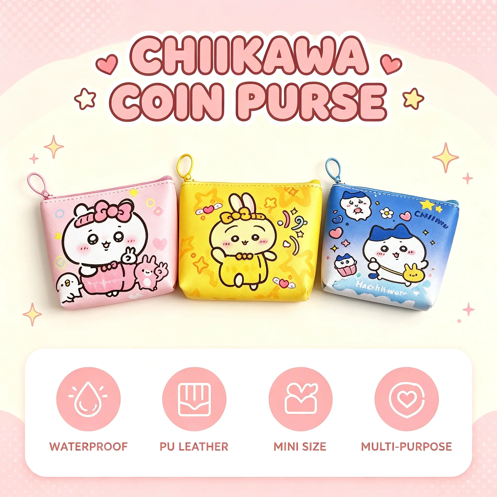 Monedero Kawaii Chiikawa, monedero pequeño de cuero sintético con diseño de anime y dibujos animados, con cremallera, para guardar auriculares, ideal como regalo de cumpleaños para niñas.