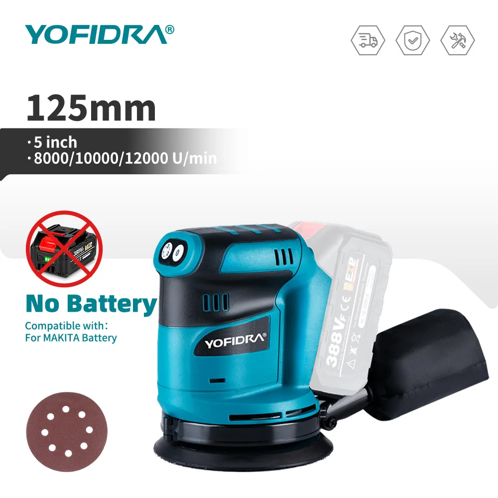 YOFIDRA 125MM Electric Orbital Sander Cordless Grinding Sanding Polishing Machine Woodworking Power Tool For Makita 18V Battery