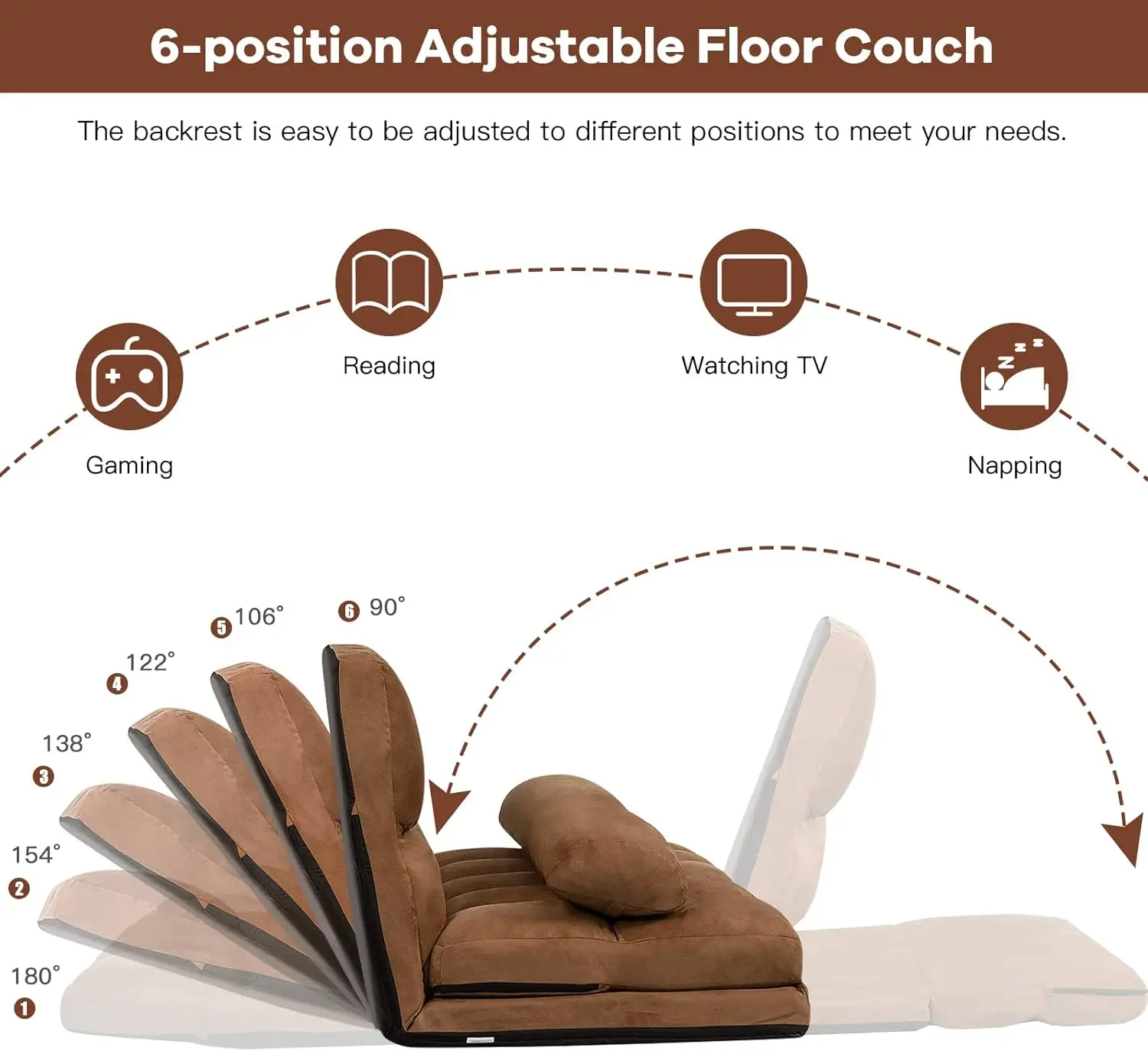 Adjustable Floor Sofa Bed, Foldable Lazy Sofa Sleeper Bed with 6 Position Backrest & 2 Pillows, Convertible Futon Couch Bed