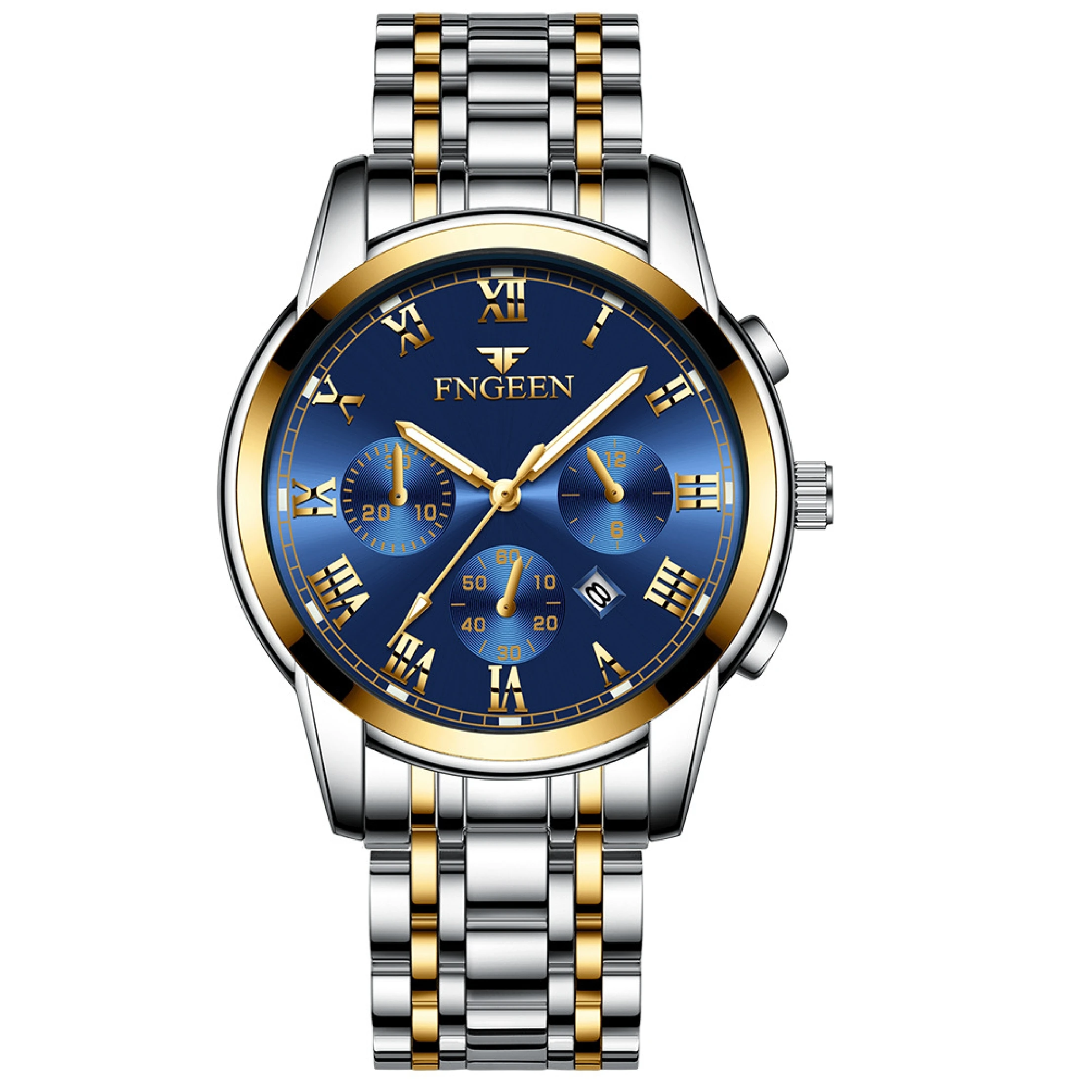 Men's stainless steel watch room gold strap blue dial Roman scale luminous pointer waterproof quartz watch 4006