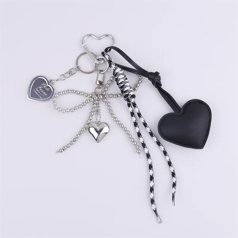 Leather Heart Bow Keychain Delicate Beaded Keyring Car Key Holder Bag Pendant Decoration For Girls Gift