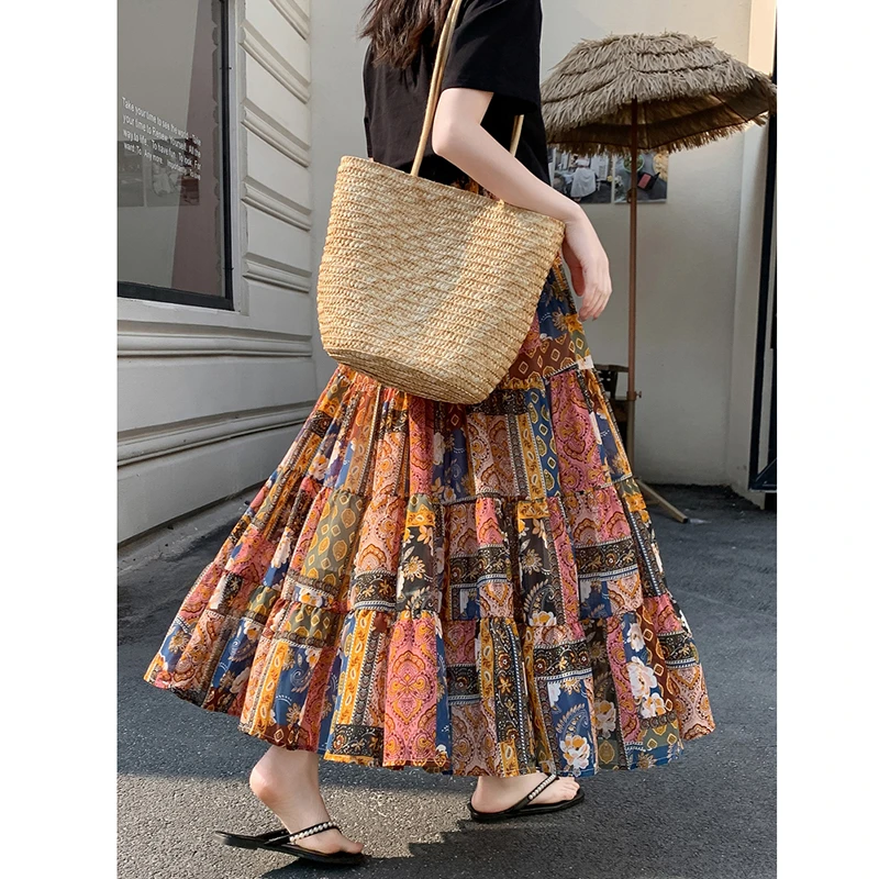 

2025 New Arrival Summer Women Casual Vintage Dot A-line Ankle-length Skirt Loose Good Quality Chiffon High Waist Skirts T120