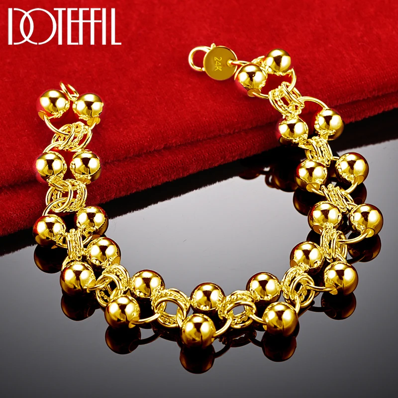 DOTEFFIL 24K Gold Round Smooth Full Bead Ball Bracelet Chain For Women Wedding Engagement Party Fashion Jewelry