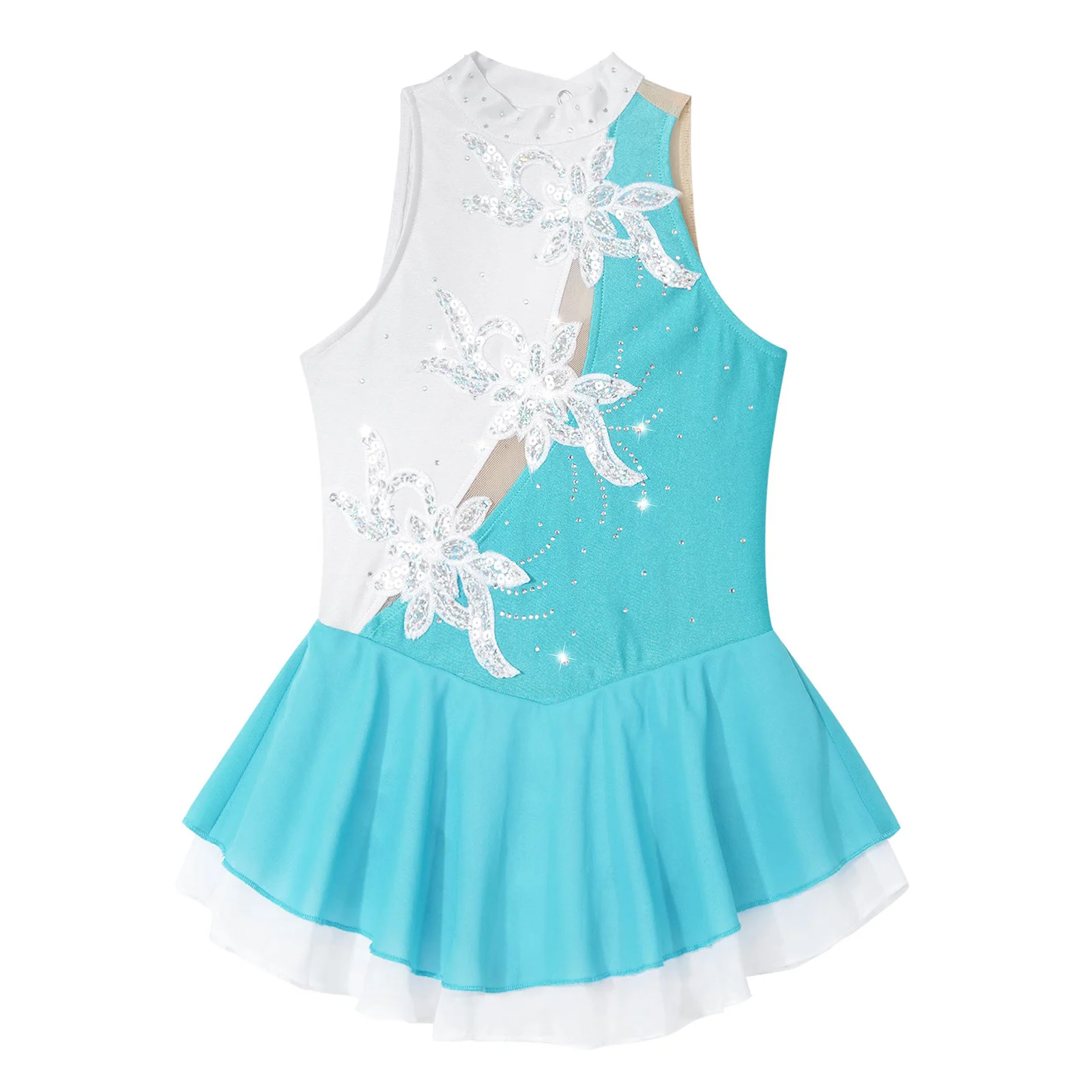 Teen Girls Figure Skating Dress Ballet Dance Gymnastics Stage Performance Dancewear Sleeveless Sequin Sheer Mesh Leotard Tutu