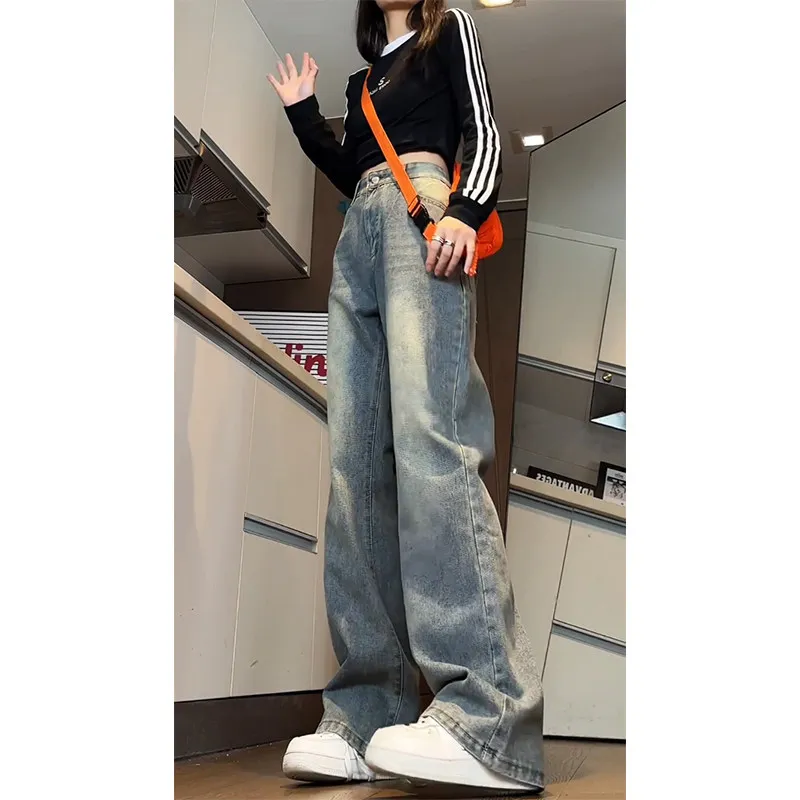 

Retro Wa Blue Men's High Waist Slim Fit Jeans Cleanfit American High Street Narrow Version Flared Pants Youth Trend Cotton
