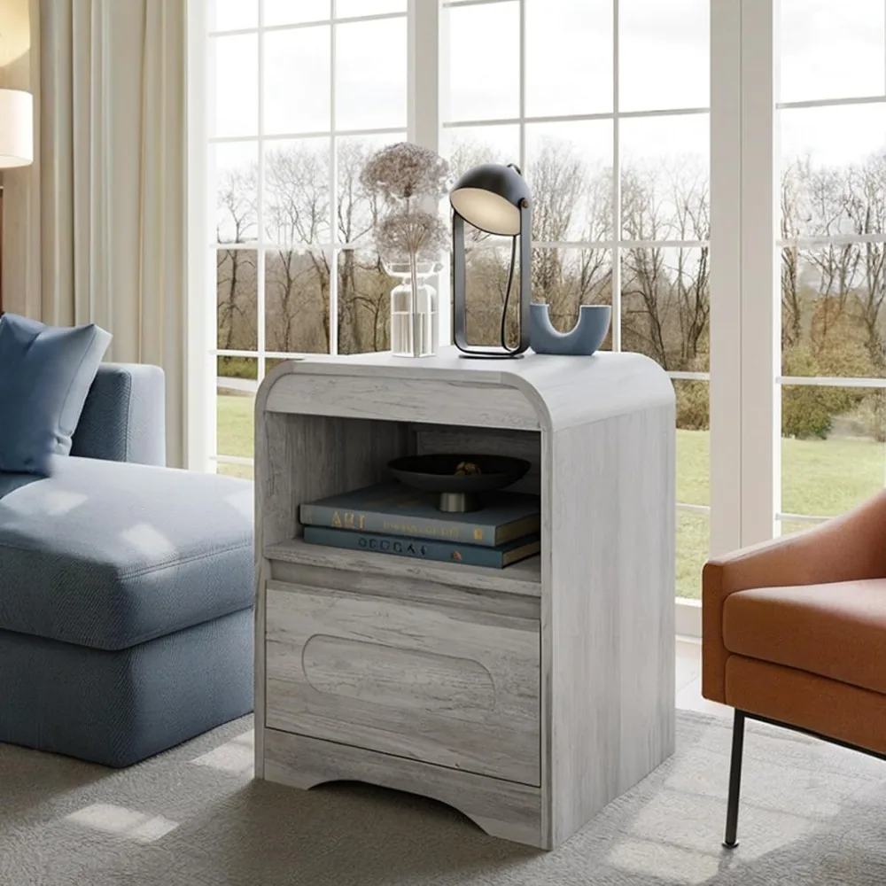 Wide Modern Curved Nightstand with Drawer Storage for Bedside Use